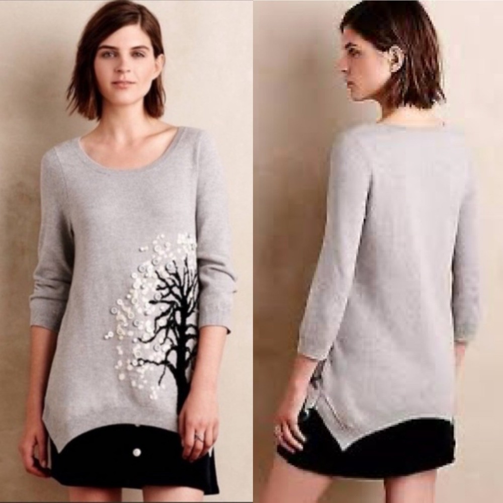 Anthro / HWR Monogram Wool Blend‎ Cute as a Button Tree Split Hem Sweater - XS